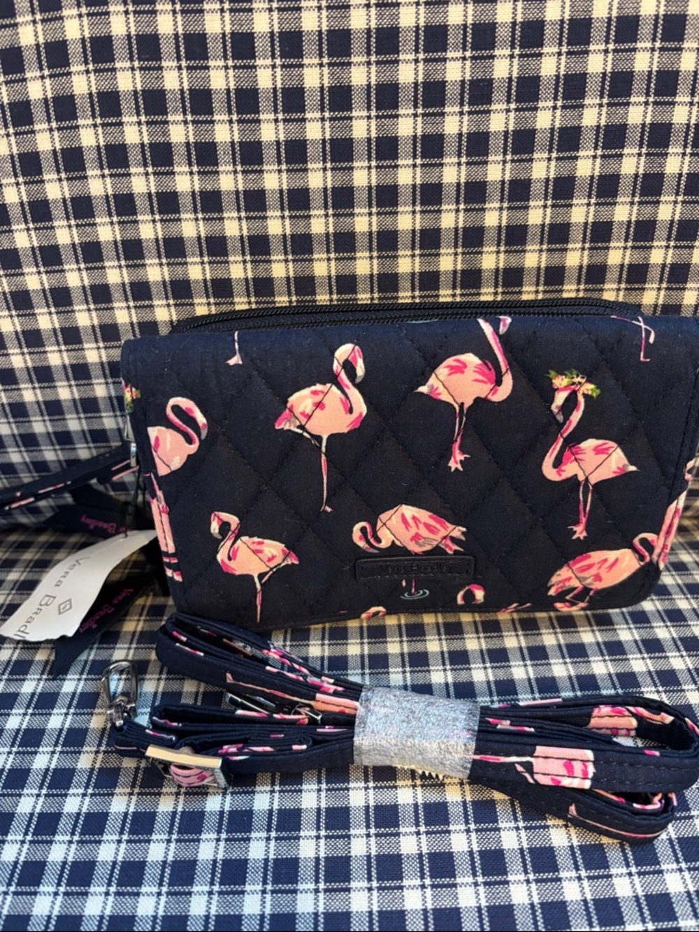 Vera Bradley Navy Quilted Crossbody with Pink Flamingo Print